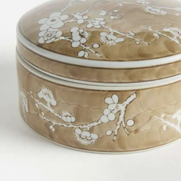 Province Empress Round Lidded Catchall Box (Small or Large) | Taupe Chinoiserie Porcelain Catchall Box Napa Home & Garden