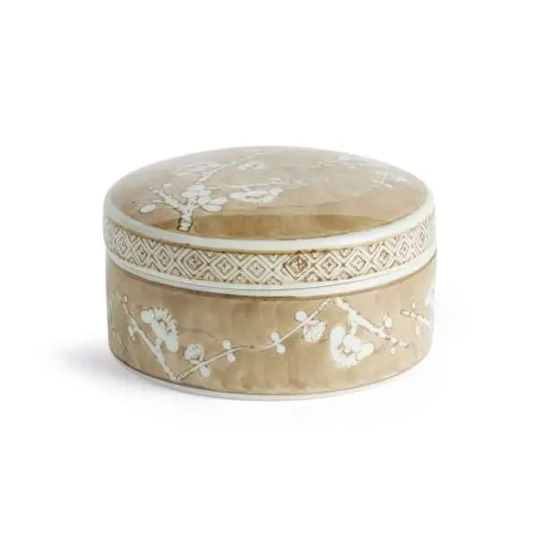 Province Empress Round Lidded Catchall Box (Small or Large) | Taupe Chinoiserie Porcelain Catchall Box Villa Decor & Design