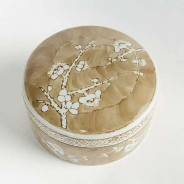 Province Empress Round Lidded Catchall Box (Small or Large) | Taupe Chinoiserie Porcelain Catchall Box Villa Decor & Design