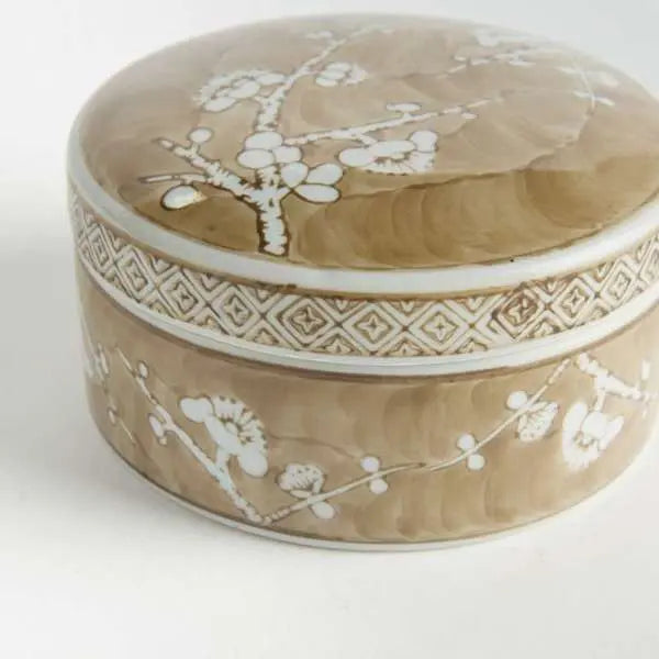 Province Empress Round Lidded Catchall Box (Small or Large) | Taupe Chinoiserie Porcelain Catchall Box Villa Decor & Design