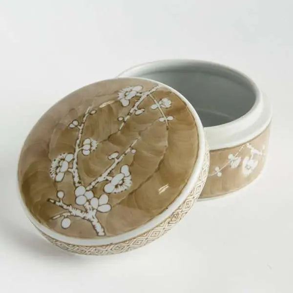 Province Empress Round Lidded Catchall Box (Small or Large) | Taupe Chinoiserie Porcelain Catchall Box Villa Decor & Design