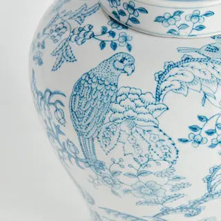 Monarch Parrot Ginger Jar - Light Blue & White Hand-Painted Porcelain - Villa Decor & Design