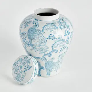Monarch Parrot Ginger Jar - Light Blue & White Hand-Painted Porcelain - Villa Decor & Design