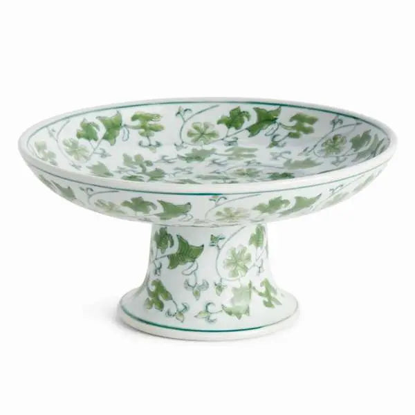 Imperial Foliage Compote - Green & White Chinoiserie Porcelain Pedestal Bowl - Villa Decor & Design