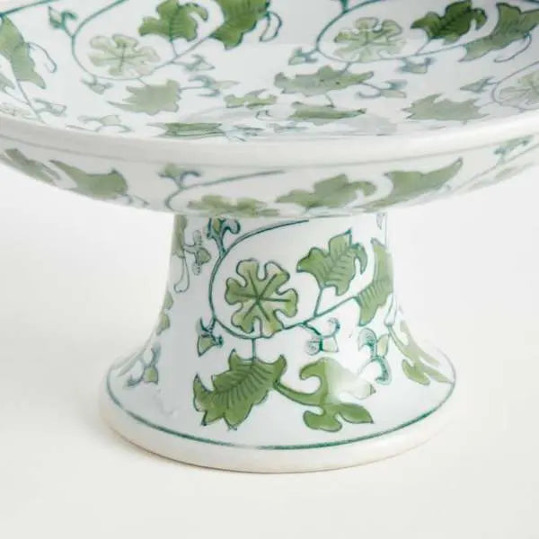 Imperial Foliage Compote - Green & White Chinoiserie Porcelain Pedestal Bowl - Villa Decor & Design