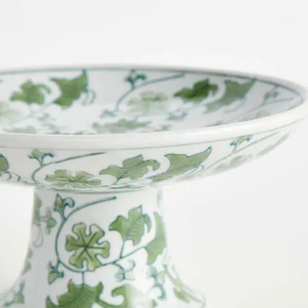 Imperial Foliage Compote - Green & White Chinoiserie Porcelain Pedestal Bowl - Villa Decor & Design