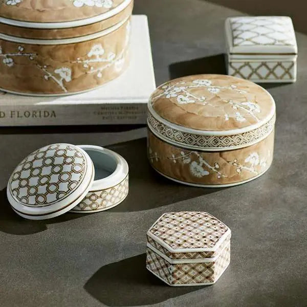 Province Lidded Boxes ST/3 | Taupe Chinoiserie Porcelain Lidded Boxes Napa Home & Garden