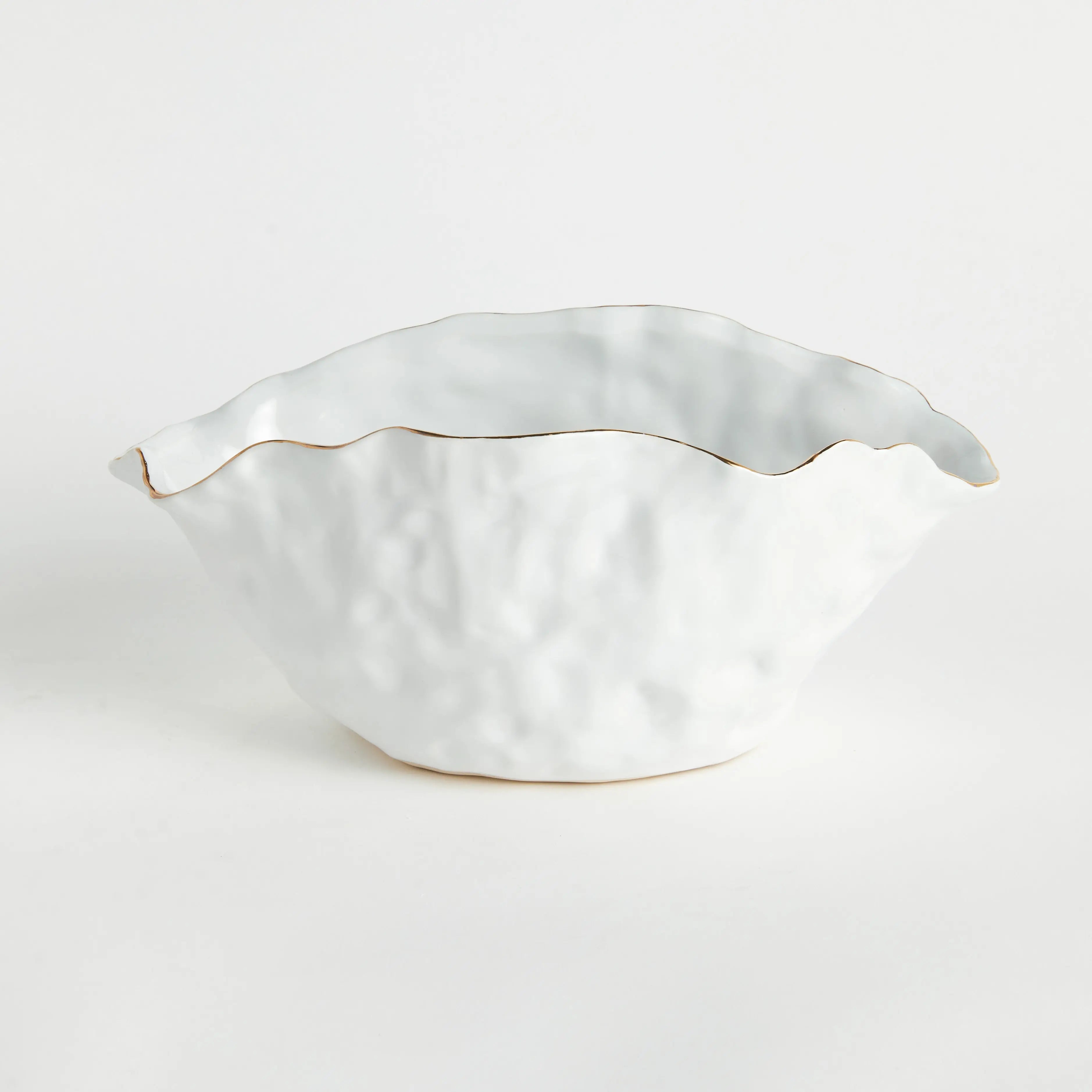 Mackenna Wide Vase - Crimped White & Gold Ceramic Centerpiece - Villa Decor & Design