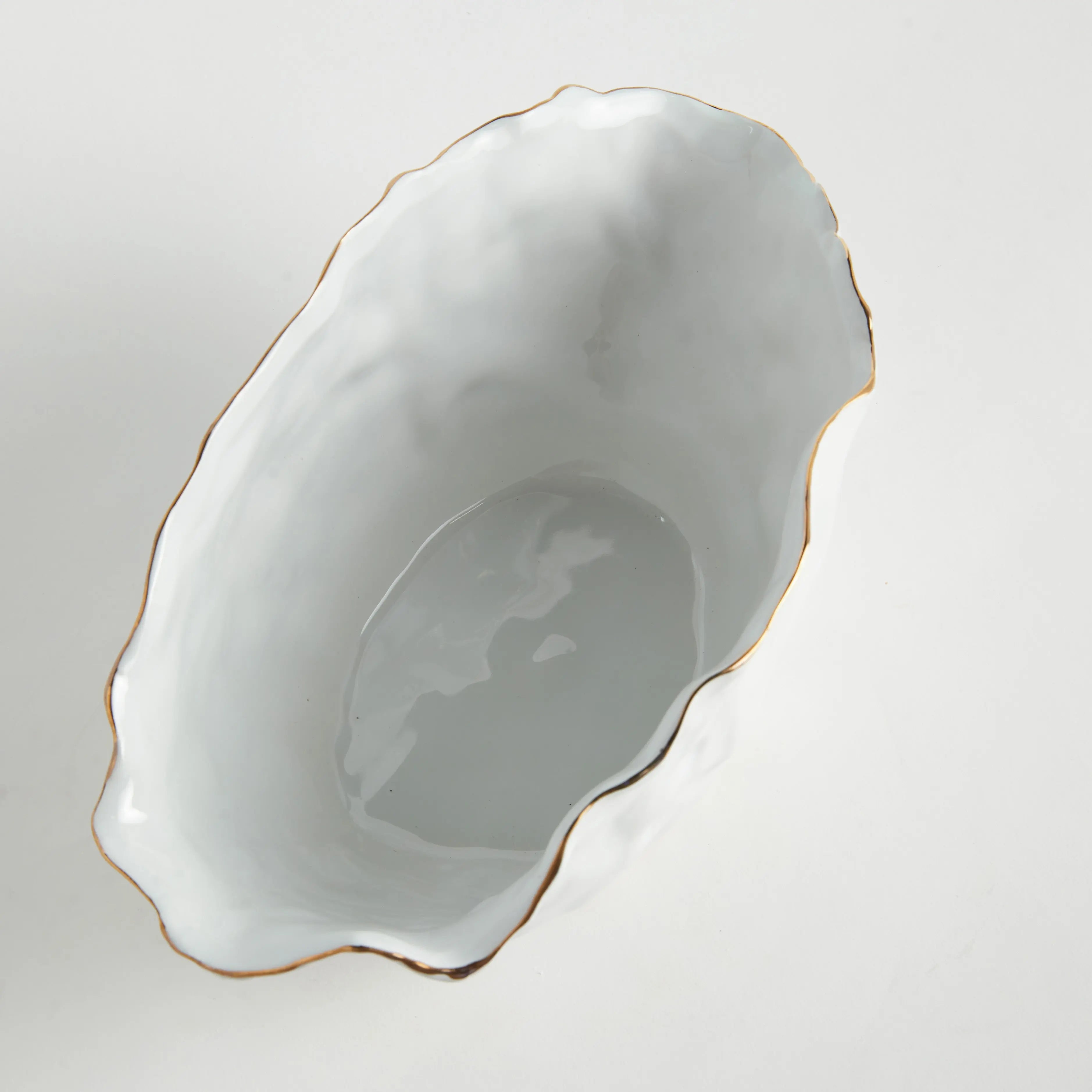 Mackenna Wide Vase - Crimped White & Gold Ceramic Centerpiece - Villa Decor & Design