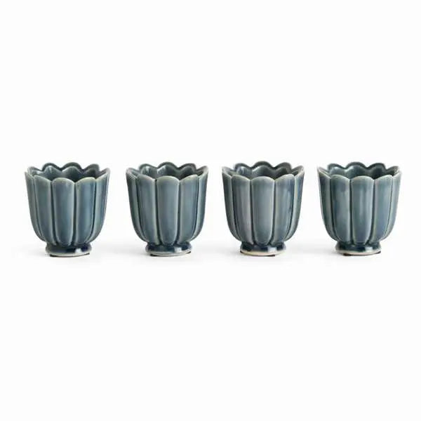 Freya Mini Pots - Set of 4 Scalloped Reactive Glaze Planters (Green or Teal) - Villa Decor & Design