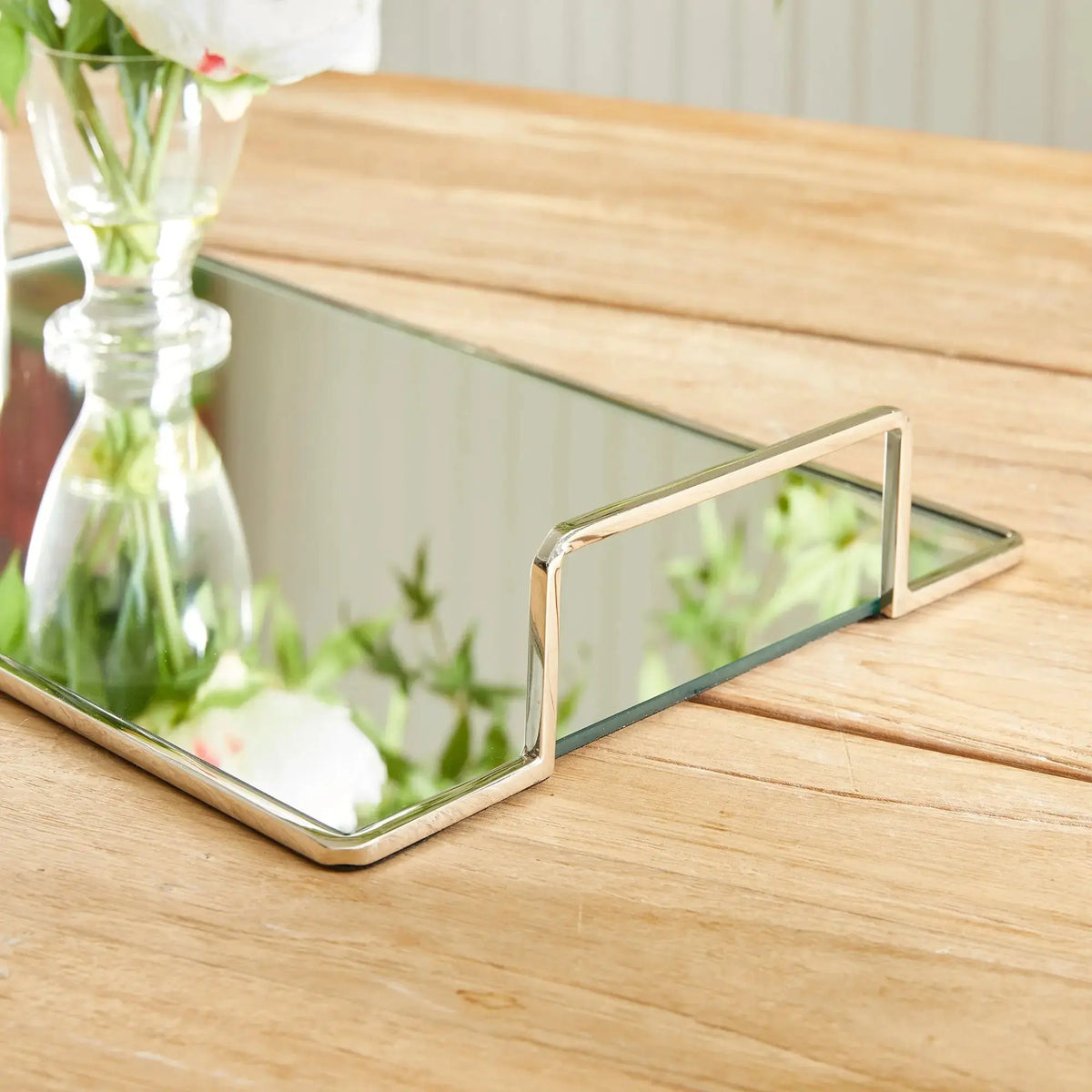 Covina small nickel-tone tray with flowers, close-up view