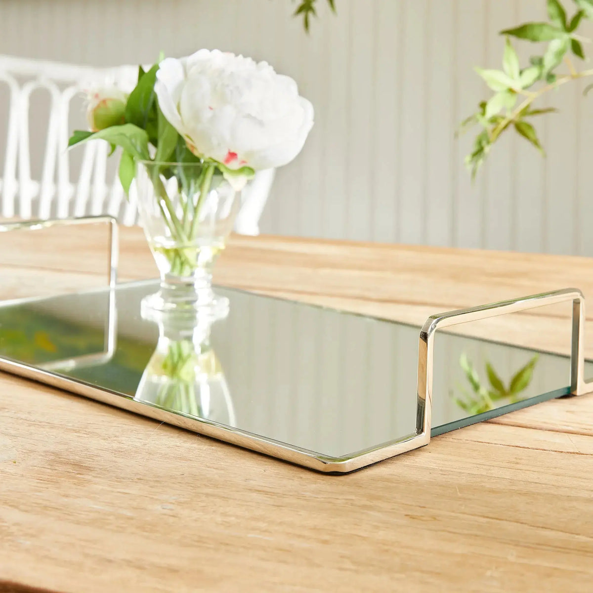 Covina small nickel-tone tray with flowers, different angle