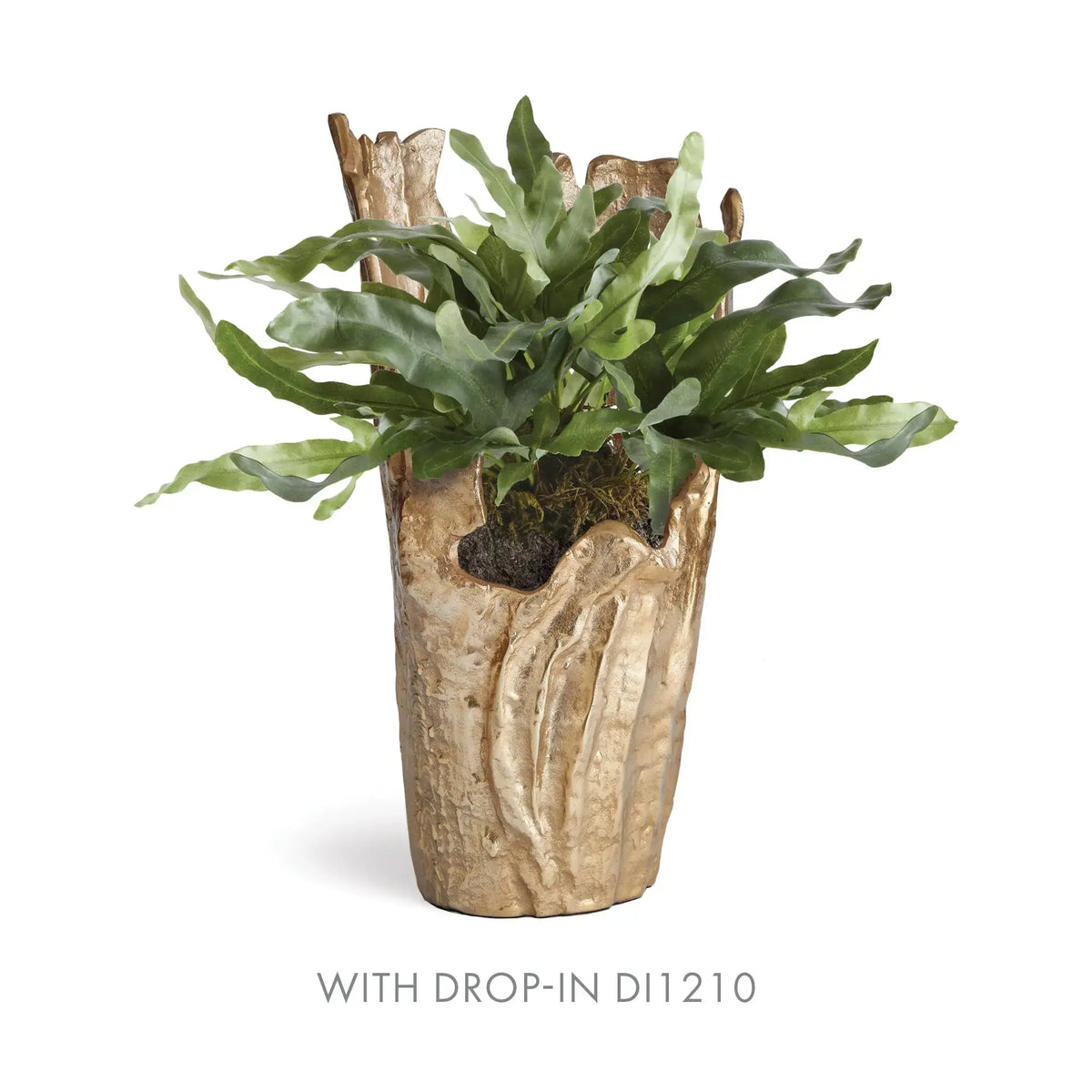 Arbre gold vase with a leafy green drop-in arrangement