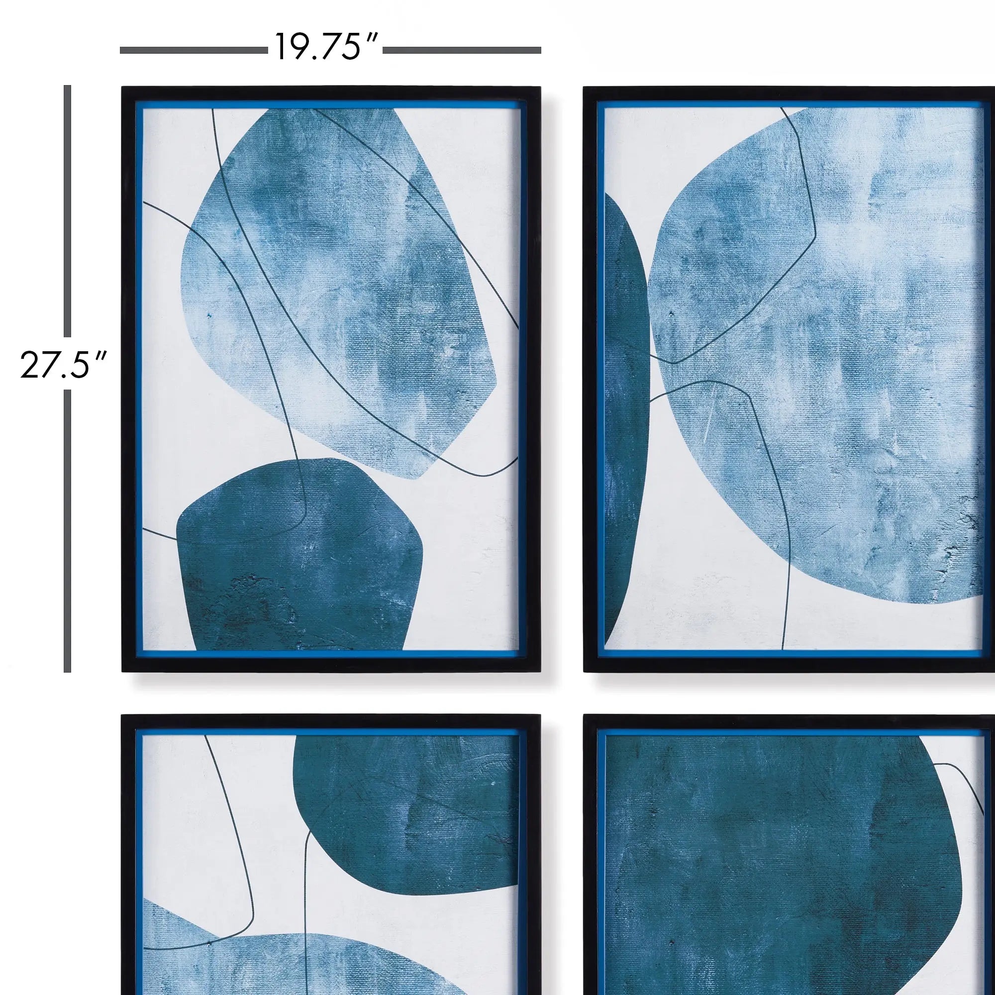 Set of four contemporary abstract wall art prints with black shadowbox frames, featuring white, black, and blue geometric lines and shapes.