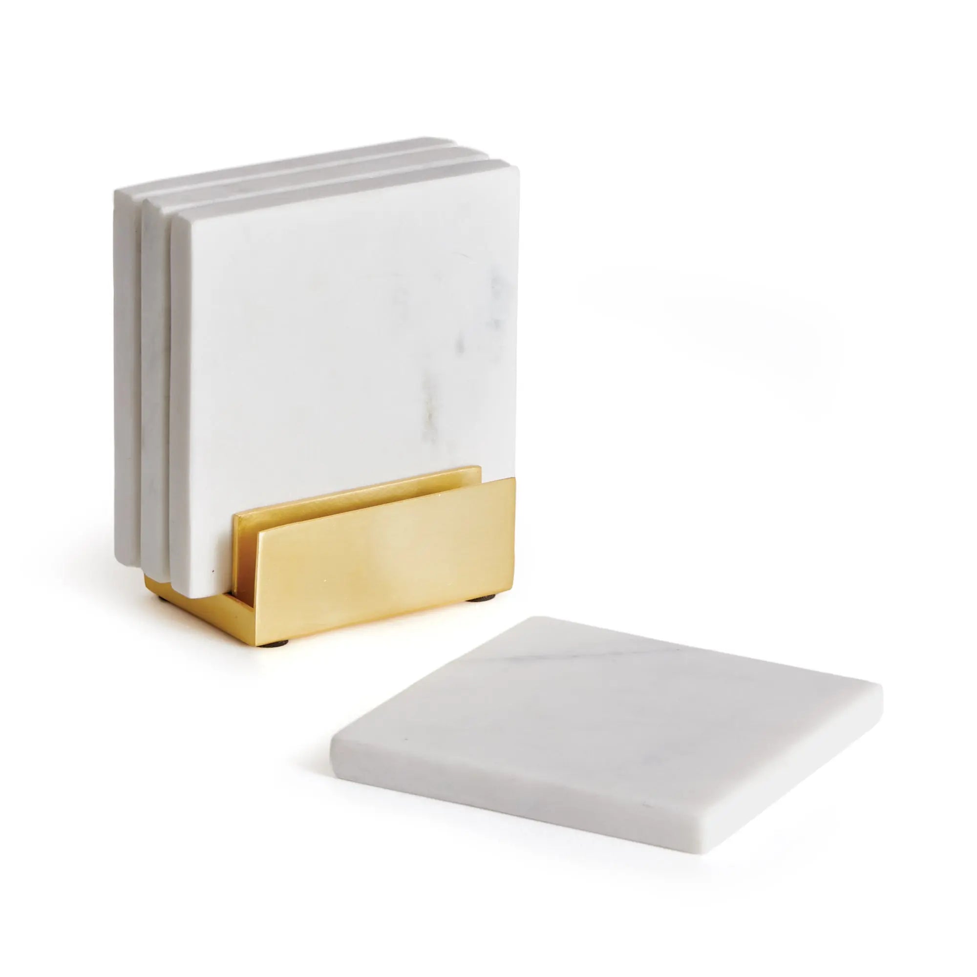 White Marble Coasters with Brass Holder