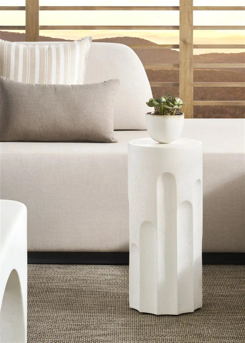 Dorian Outdoor Spot Table, a modern, compact outdoor side table with a simple design and a Stone White finish.