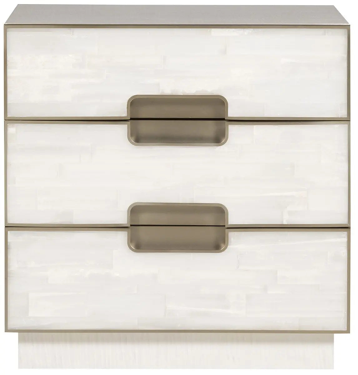 Luxurious 28-inch Splendor Nightstand with three natural white Selenite drawer fronts, a bleached figured maple wood frame in Sea Salt finish, and bronze metal accents.