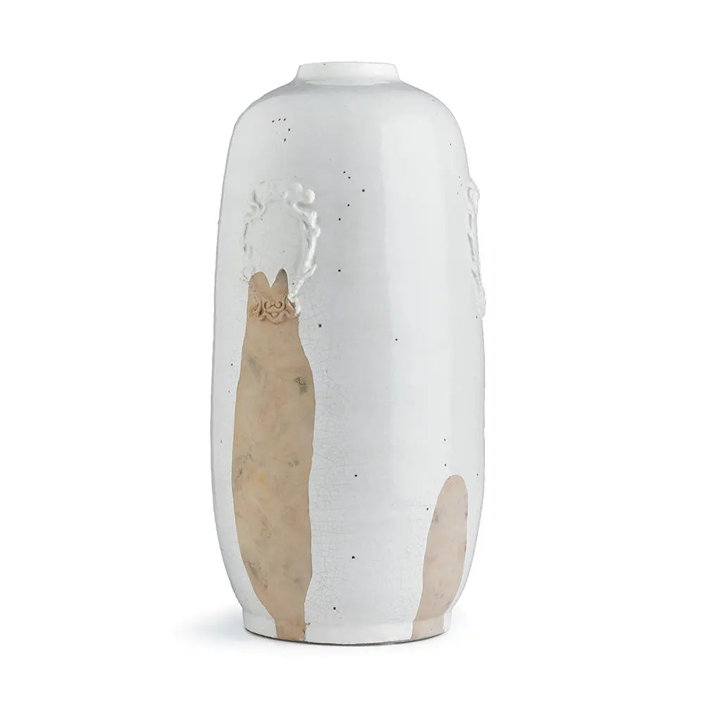 Vichon 20-inch ceramic vase in white glaze with exposed rose-toned clay accents