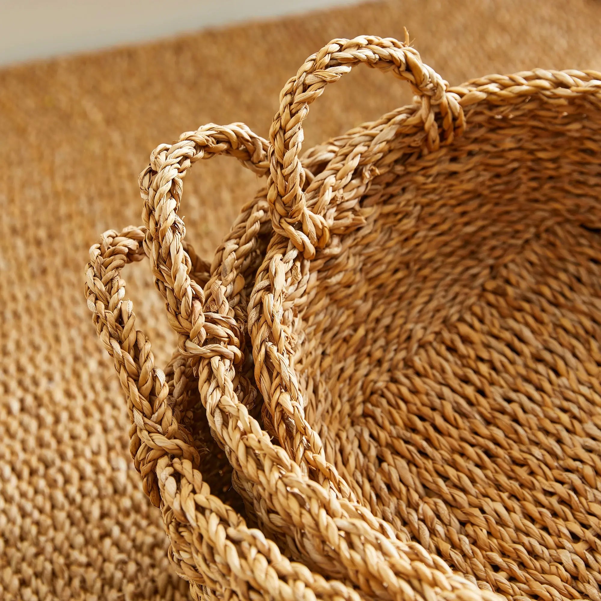 SEAGRASS SHALLOW BASKETS WITH HANDLES, SET OF 3 Villa Decor & Design