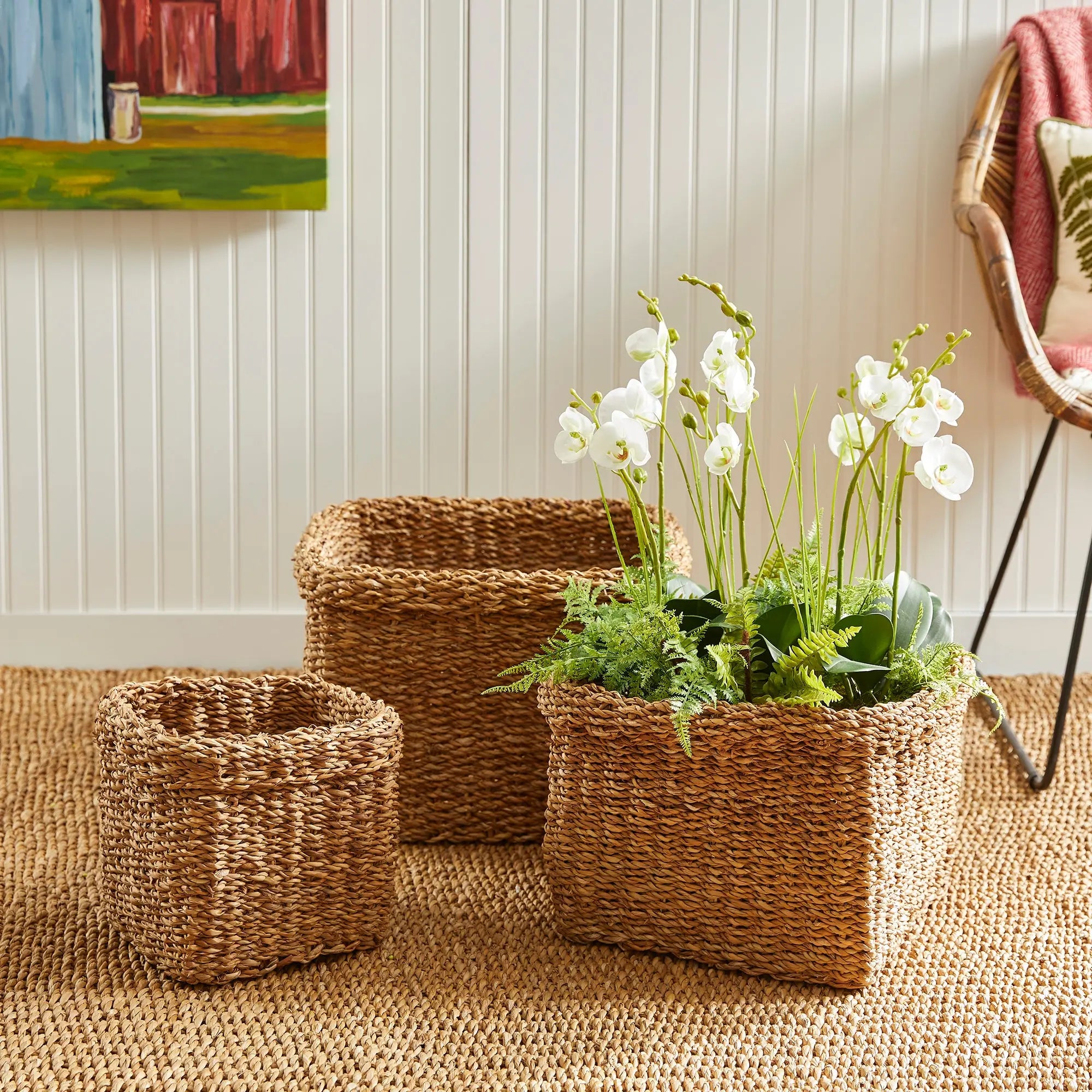 SEAGRASS SQUARE BASKETS WITH CUFFS, SET OF 3 Villa Decor & Design
