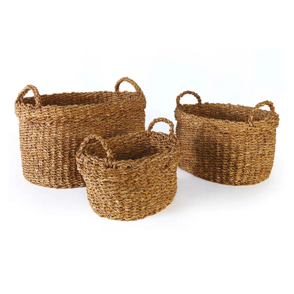 SEAGRASS OVAL BASKETS WITH HANDLES, SET OF 3 Villa Decor & Design