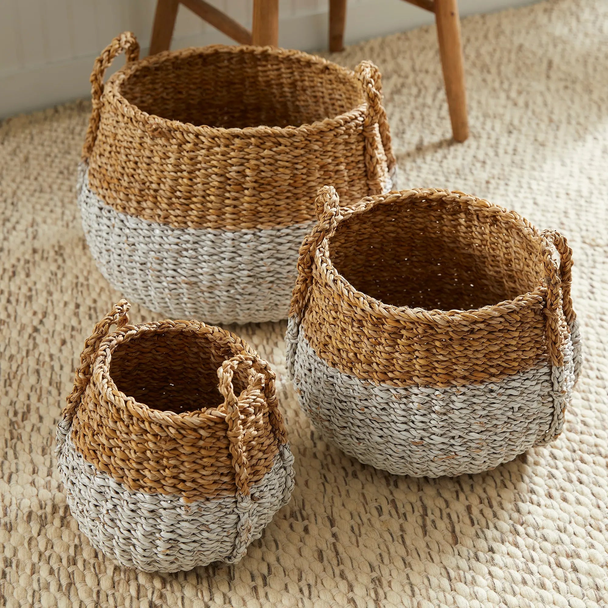 SEAGRASS ROUND BASKETS WITH HANDLES, SET OF 3 Villa Decor & Design