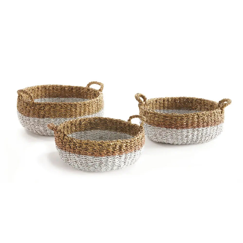 Seagrass Shallow Baskets with Handles – Set of 3, Two-Tone - Villa