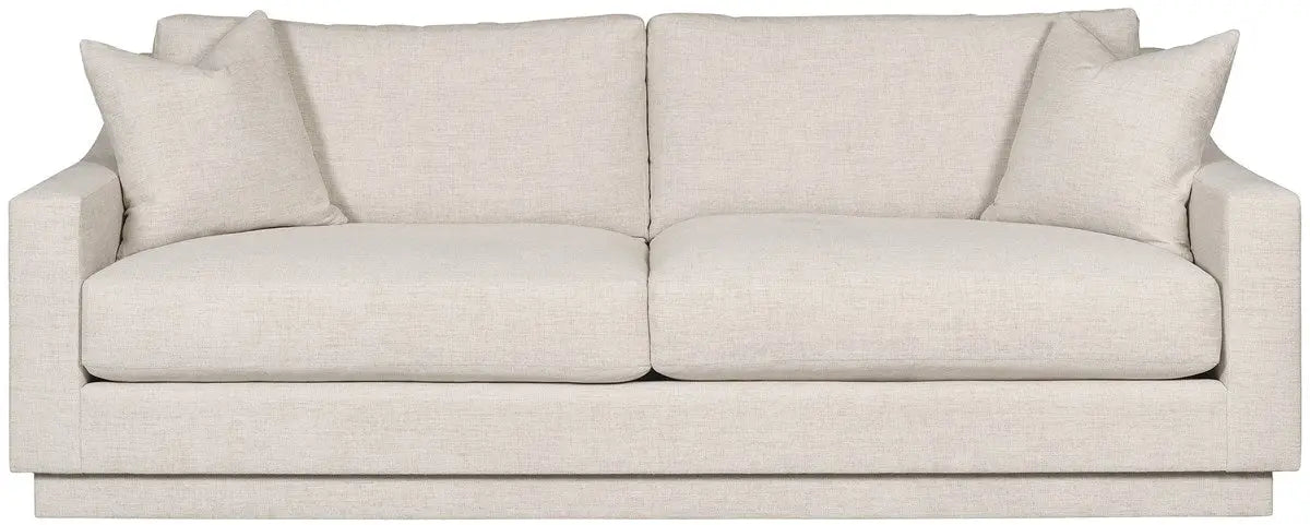 A long, sophisticated 94-inch Asher Sofa with softly sloped arms and a fully upholstered base in a light gray Thriller Linen performance fabric.