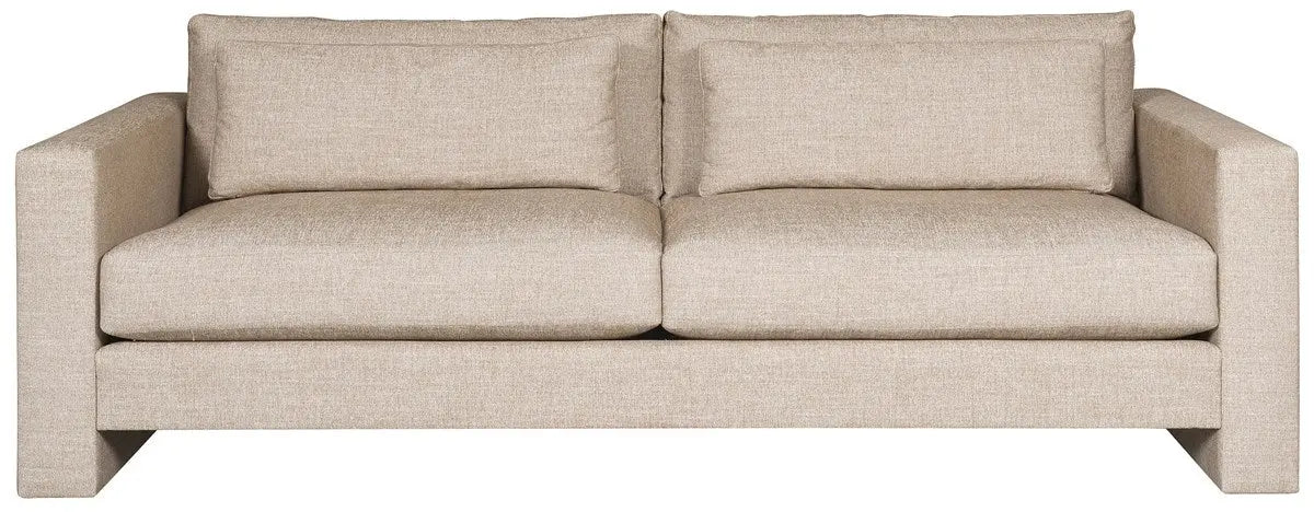 A modern 95-inch Brady Sofa with a unique suspended floating base and track arms, upholstered in textured light gray Jumpy Burlap performance fabric.