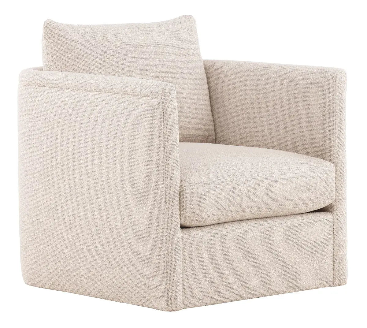 Liam Swivel Chair, a compact, tailored accent chair with a swivel base, upholstered in light Kendra Sand performance fabric.
