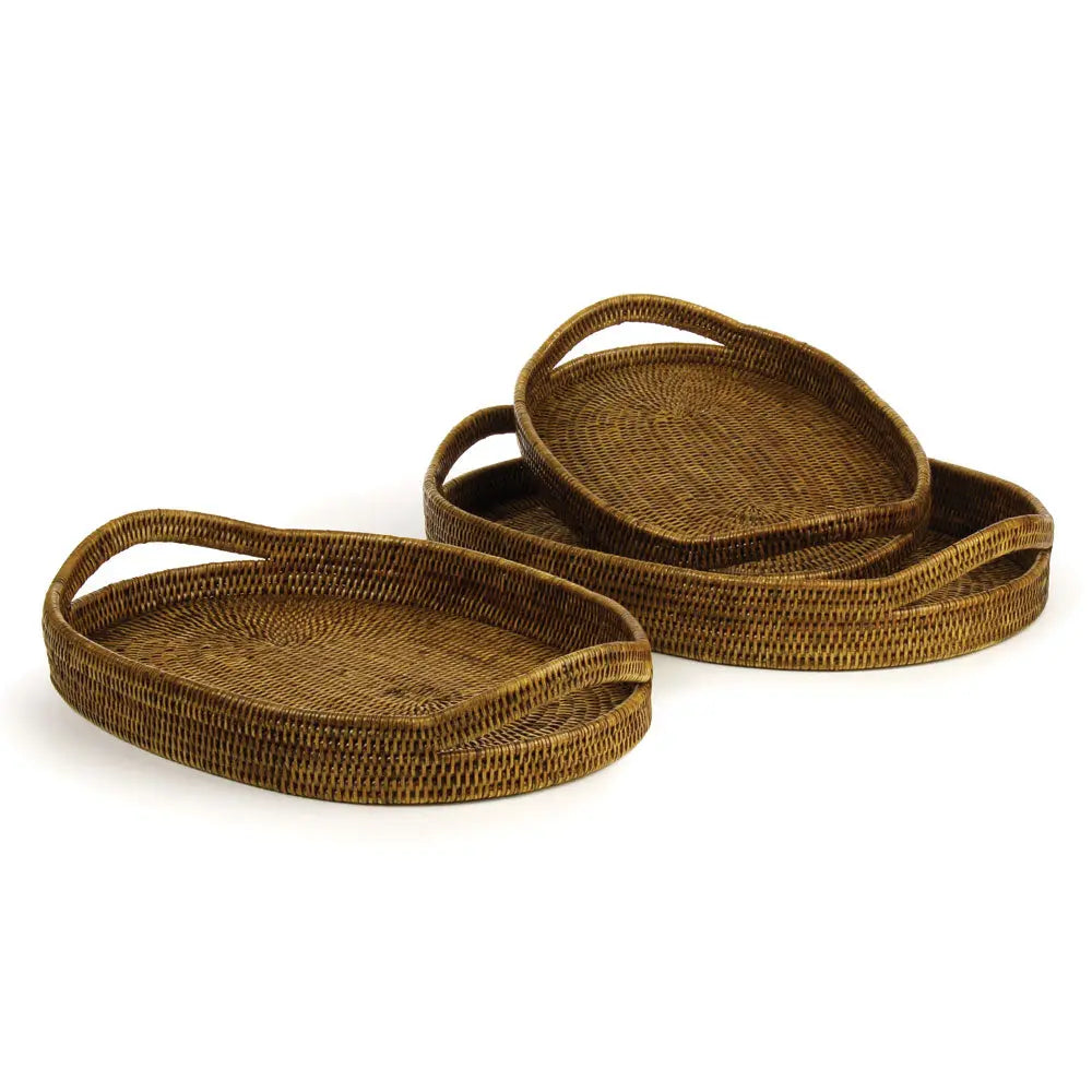 Burma Rattan Oval Serving Trays - Set of 3 Tight-Weave Baskets (3 Finishes) - Villa Decor & Design