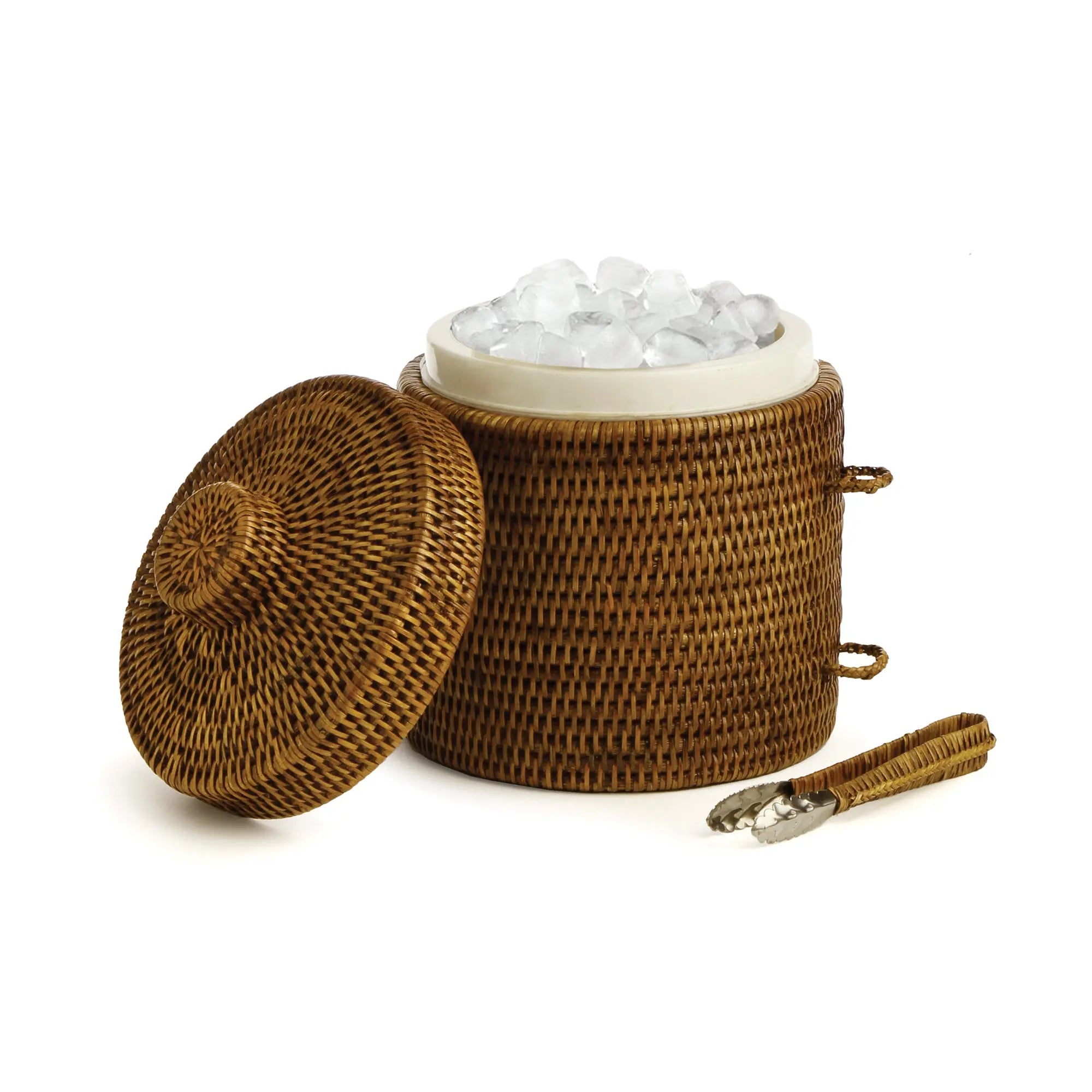 Warm Brown Rattan Ice Bucket with Lid and Tongs