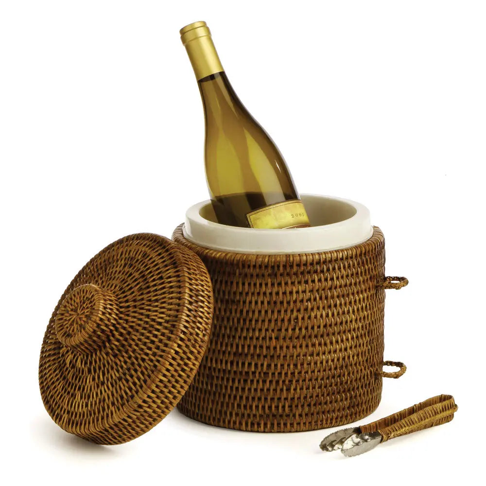 Warm Brown Rattan Ice Bucket with Lid and Tongs
