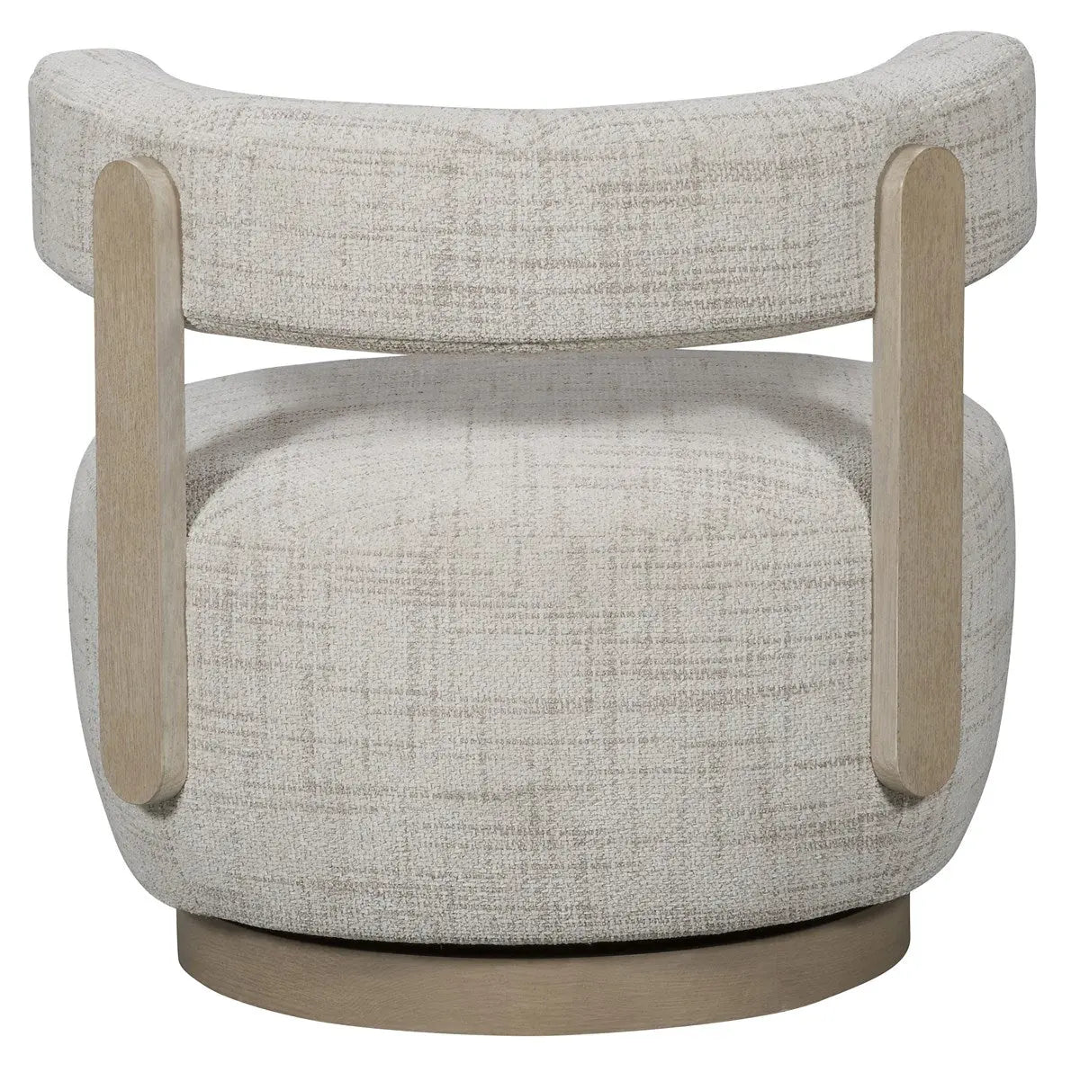 Daydream Swivel Chair, a modern, low-profile accent chair with a curved bolster back, upholstered in light Reynolds Linen fabric with exposed oak wood supports.