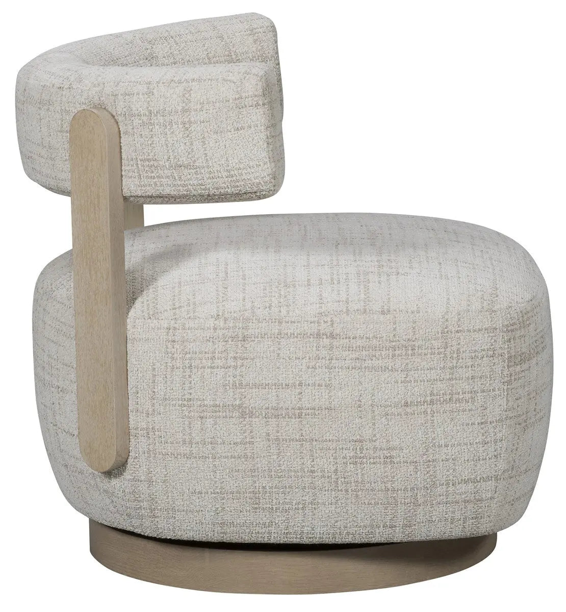 Daydream Swivel Chair, a modern, low-profile accent chair with a curved bolster back, upholstered in light Reynolds Linen fabric with exposed oak wood supports.