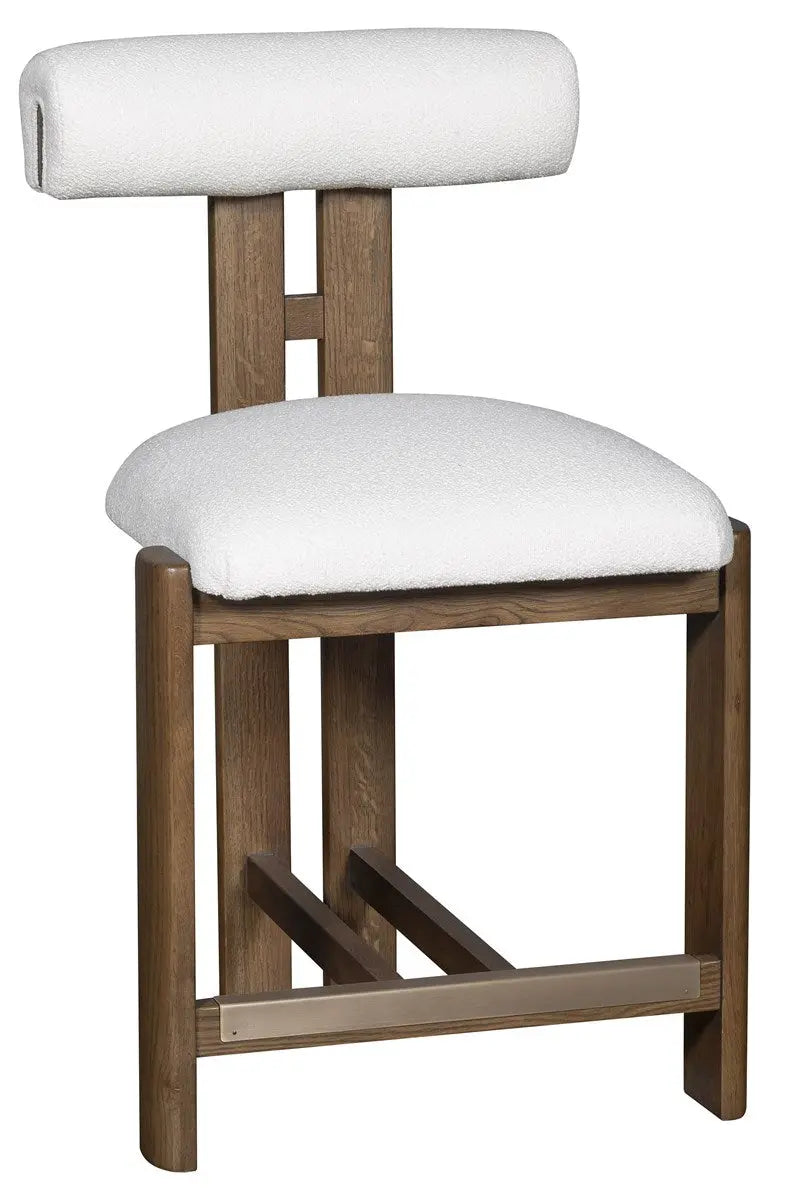 Wright Dining Counter Stool upholstered in Jackpot Chalk fabric with Saddle finish and antique brass kickplate