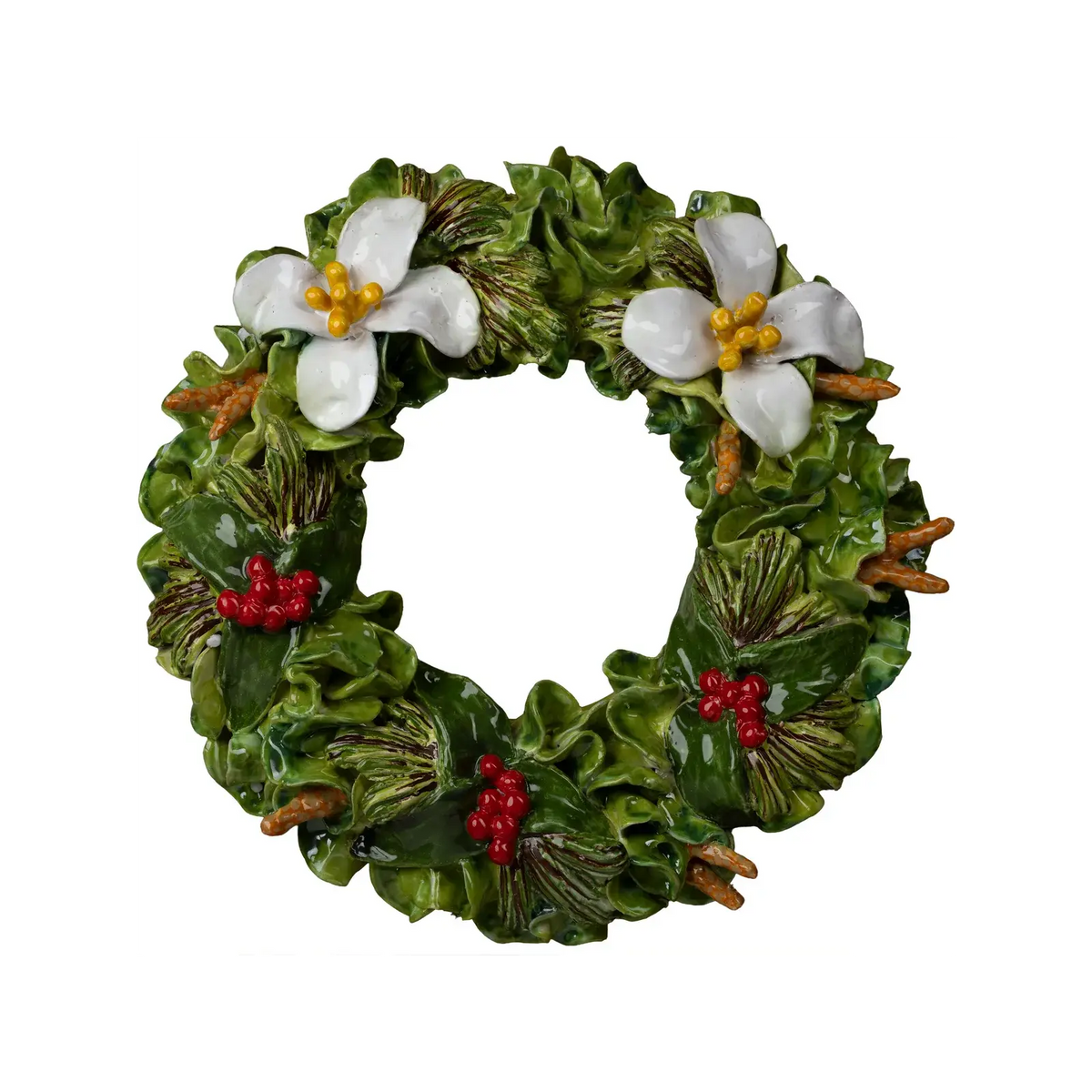 Ceramic holiday wreath with white magnolia blossoms, red holly berries and green leaves