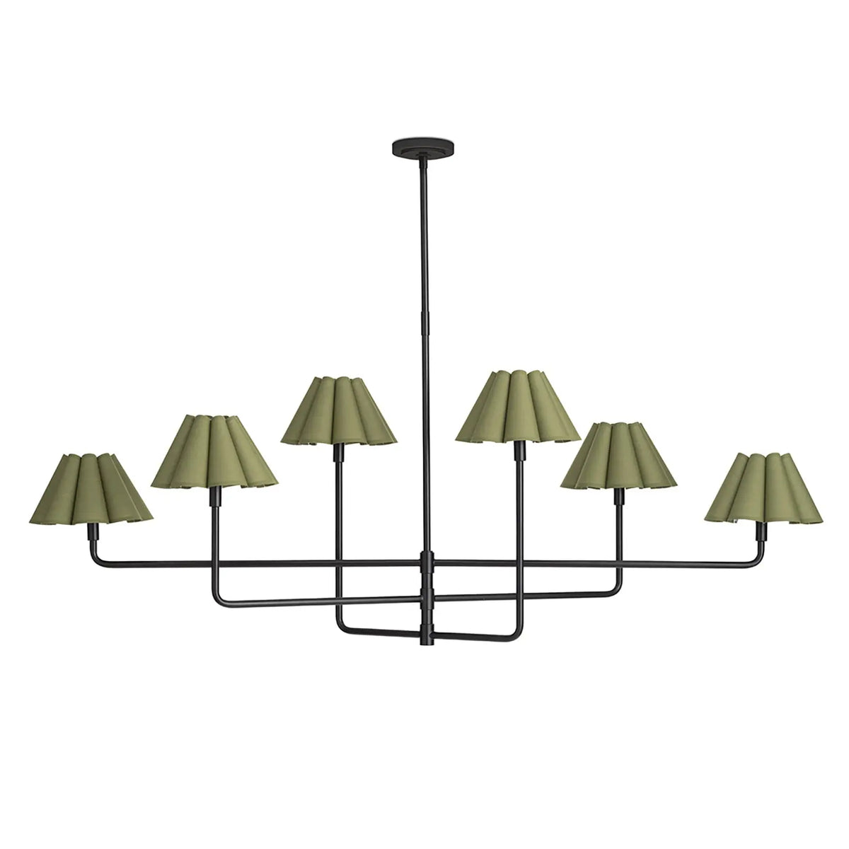 Polly chandelier in blackened brass with Green scalloped shades
