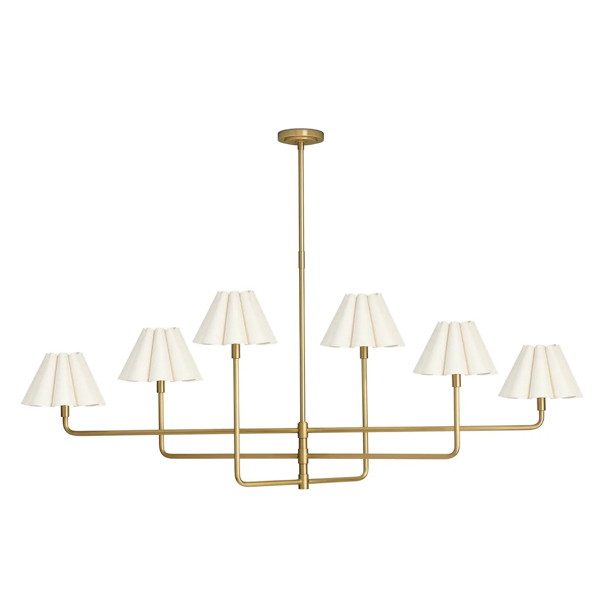 Polly chandelier in natural brass with Oyster scalloped shades