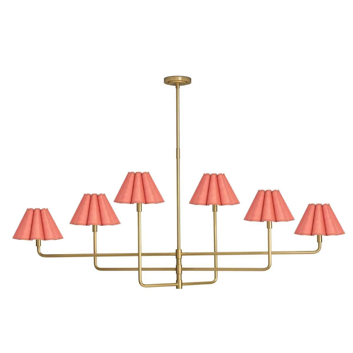 Polly chandelier in natural brass with Wild Poppy scalloped shades