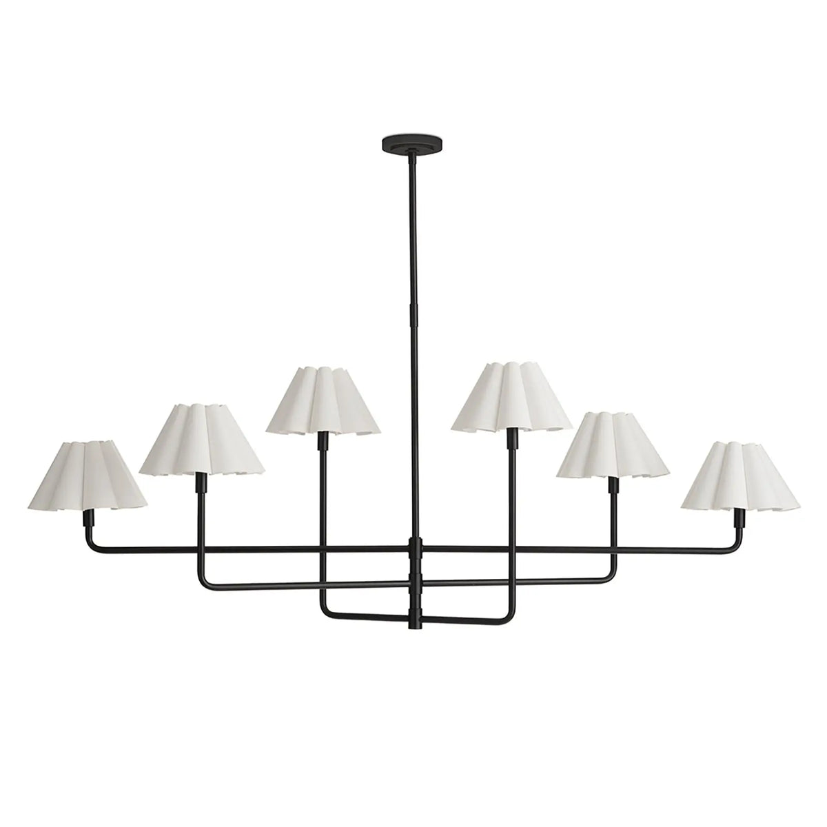 Polly chandelier in blackened brass with White scalloped linen shades