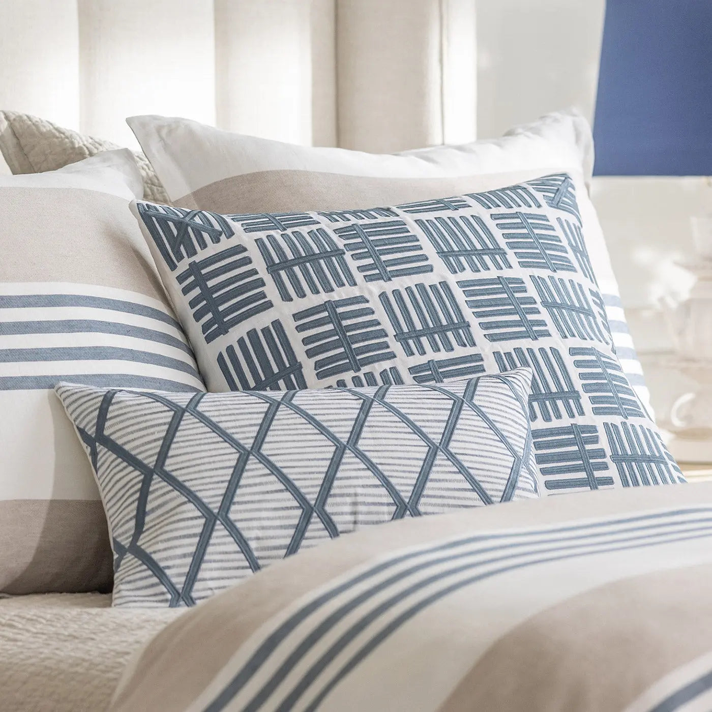 Andre Square Pillow - White Linen & Indigo Hemp (24x24) - Villa Decor & Design